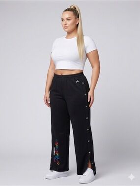 The Phluid Project Black Plus-Size Snap Track Pants with Rainbow Script